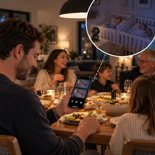 Babyphone caméra repas famille papa surveille bébés endormis via téléphone