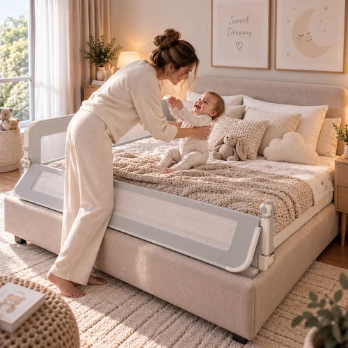 barrière de lit ouverte maman prend bébé