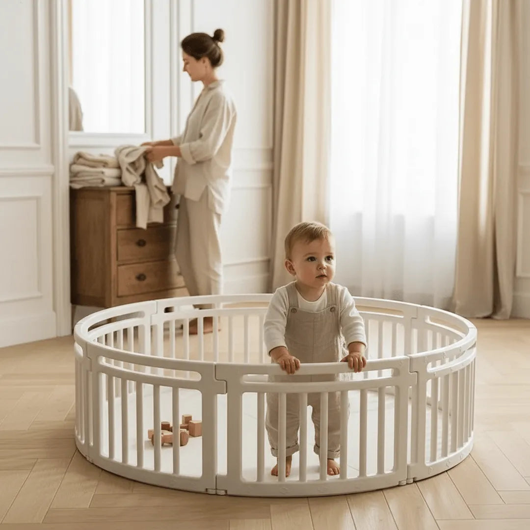 parc bébé modulable enfant debout maman range