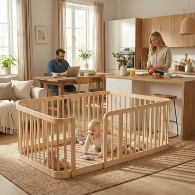 parc bébé en bois papa travaille maman en cuisine