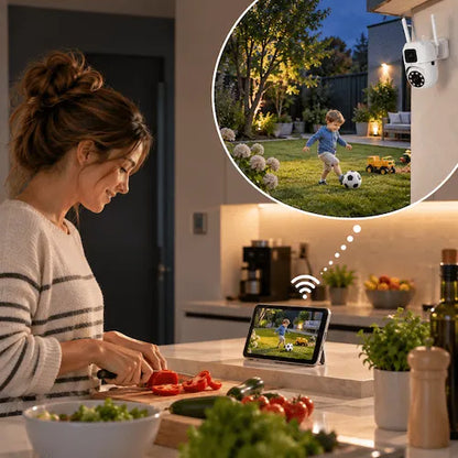 Baby phone maman cuisine surveille enfant dehors