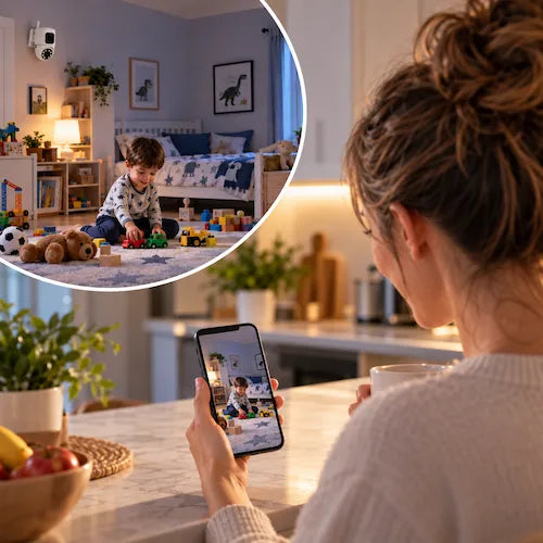 Baby phone maman dans cuisine surveille enfant dans sa chambre