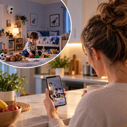 Baby phone maman dans cuisine surveille enfant dans sa chambre