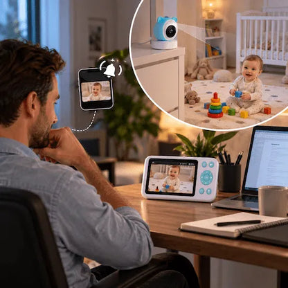 Baby phone papa travaille et surveille bébé qui joue via écran