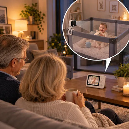 Babyphone caméra bébé joue dans parc grands parents surveillent écran