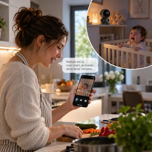 Babyphone caméra bébé pleure maman lui parle via caméra