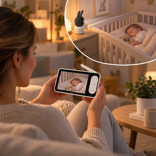 Babyphone caméra veilleuse sur bébéqui dort maman visionne l écran