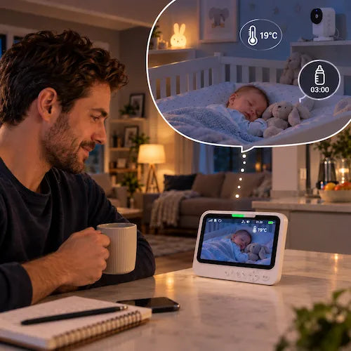 Babyphone vidéo papa veille sur bébé température heure biberon