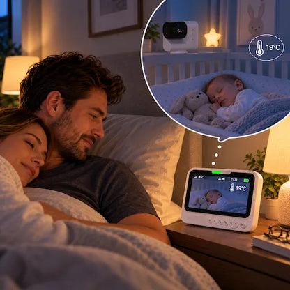 Babyphone vidéo parents au lit surveille bébé et température via moniteur