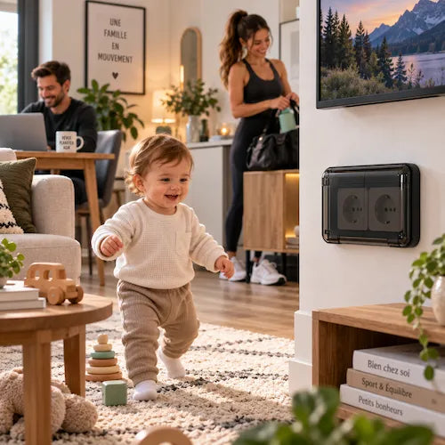 Cache interrupteur noir double famille occupée bébé marche