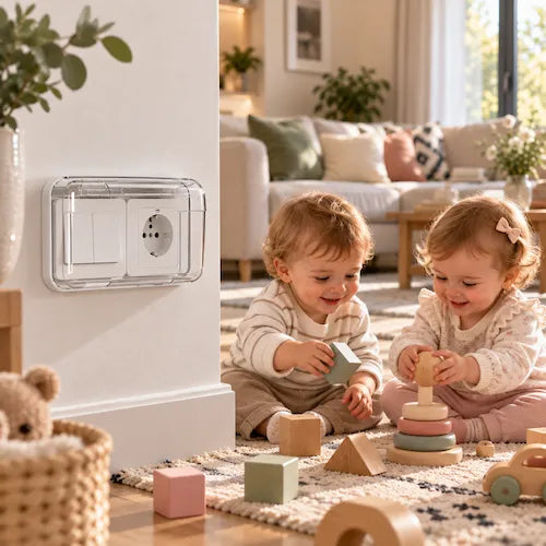 Cache interrupteur transparent double enfants dans salon jouent