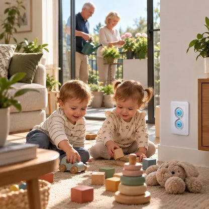 Cache prise murale enfants jouent en sécurité grands parents sur balcon