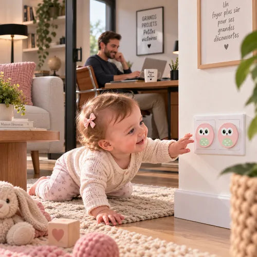 Cache prise murale rose papa au bureau bébé découvre en sécurité