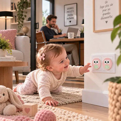 Cache prise murale rose papa au bureau bébé découvre en sécurité