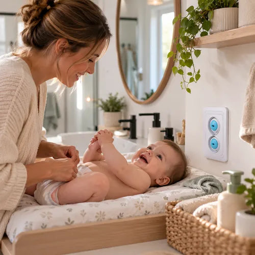 Cache prise murale sécurité salle de bain maman change béé
