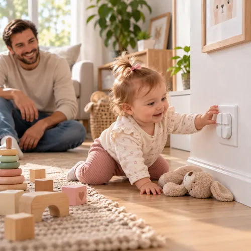 Cache prise pour bébé blanc papa regarde fillette explorer sans danger