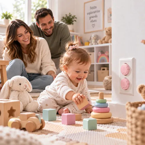 Cache prise pour bébé parents jouent avec bébé