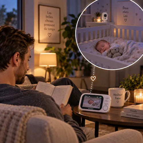 Camera babyphone papa lit et surveille bébé endormi