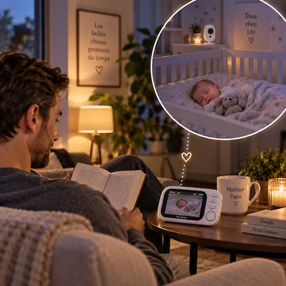 Camera babyphone papa lit et surveille bébé endormi