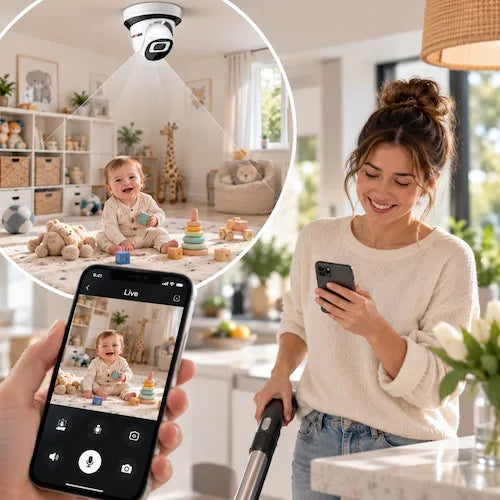 Caméra surveillance bébé salle de jeu maman sureveille bébé en aspirant