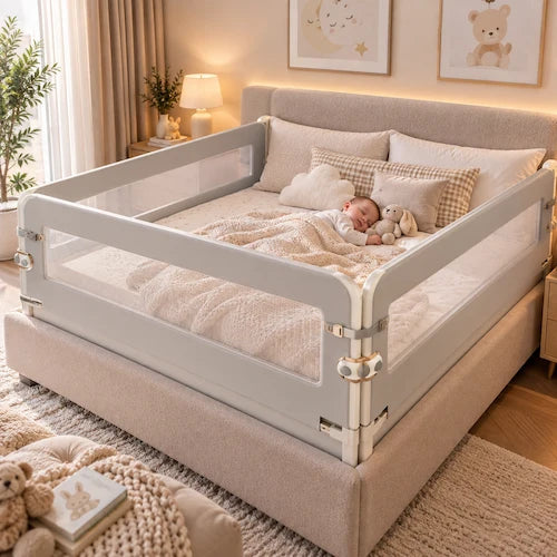barrière de lit gris bébé dort paisiblement