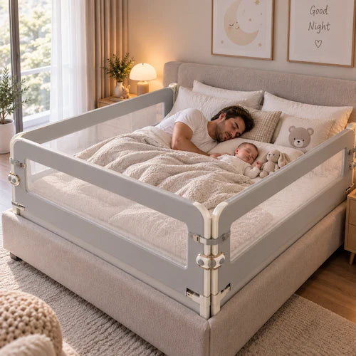 barrière de lit gris papa et bébé font la sieste