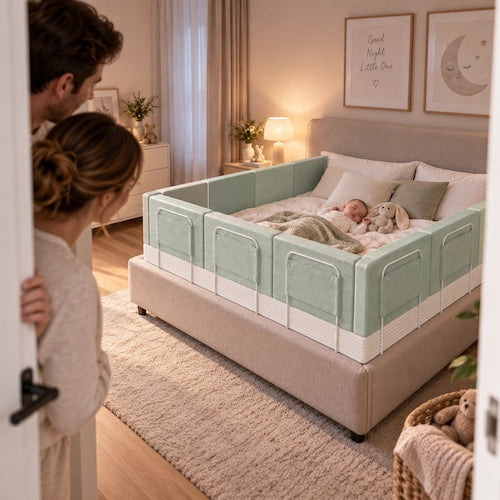 barrière de lit verte bébé dort parents sereins