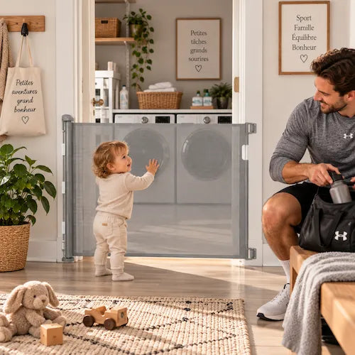 barrière extensible bébé debout papa tranquille