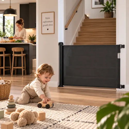 barrière extensible bébé joue maman cuisine