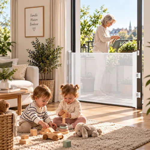 barrière extensible jumeaux jouent mamy sur le balcon