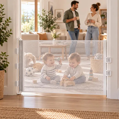 barrière extensible jumeaux jouent parents discutent