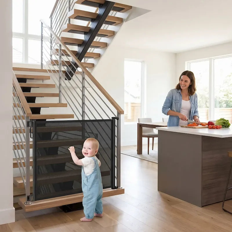 barrière sécurité enfant bébé debout maman cuisine