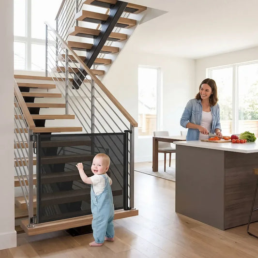 barrière sécurité enfant bébé debout maman cuisine