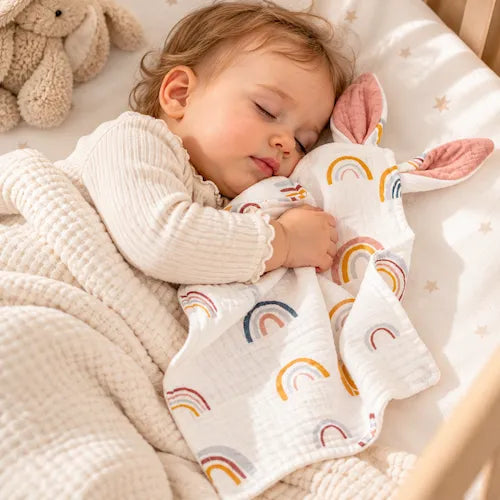 doudou bébé endormi avec doudou arc  en ciel