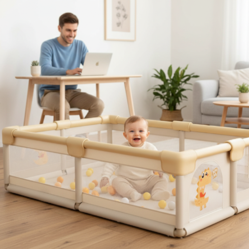 parc bébé debout dans le parc papa travaille au bureau