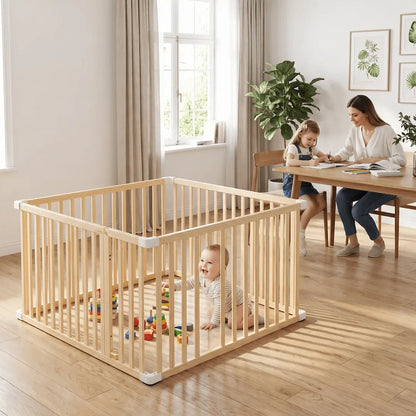 parc bébé bois maman fait les devoirs avec soeur