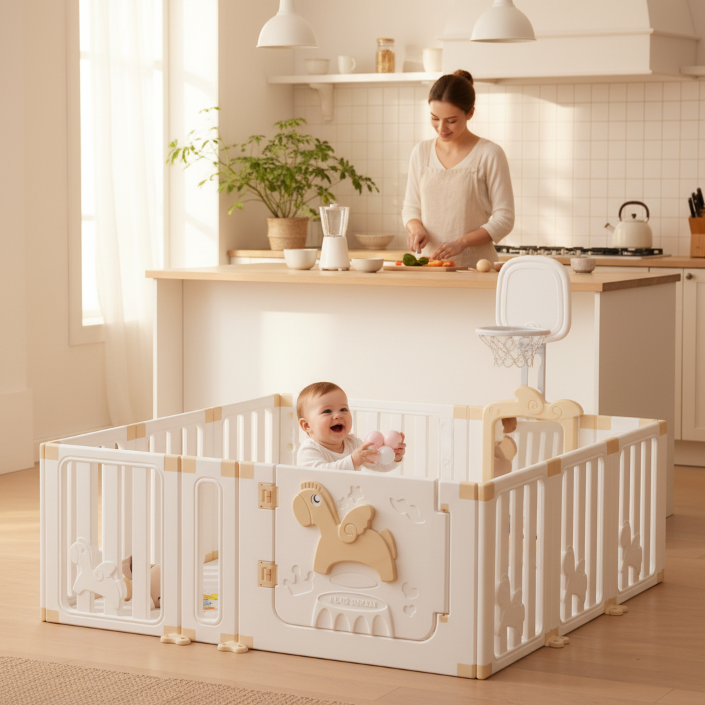 parc bébé dans le parc pendant que maman cuisine