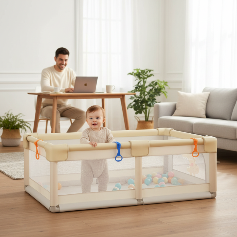 parc bébé debout dans le parc papa travaille au bureau