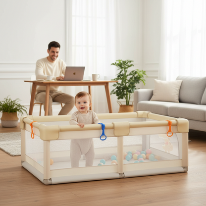 parc bébé debout dans le parc papa travaille au bureau