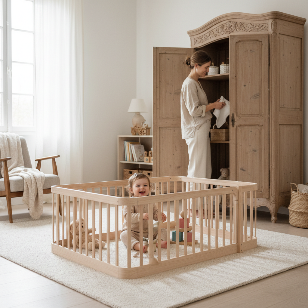 parc bébé en bois maman range le linge