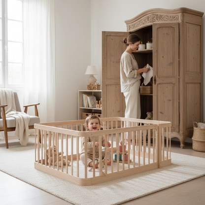 parc bébé en bois maman range le linge