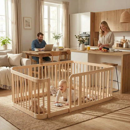 parc bébé en bois papa travaille maman en cuisine