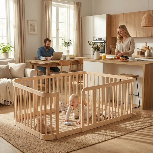 parc bébé en bois papa travaille maman en cuisine