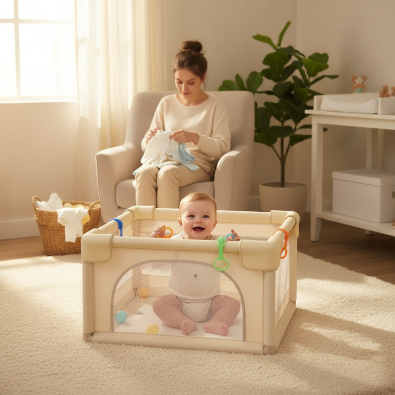 parc bébé joue dans le parc maman range le linge