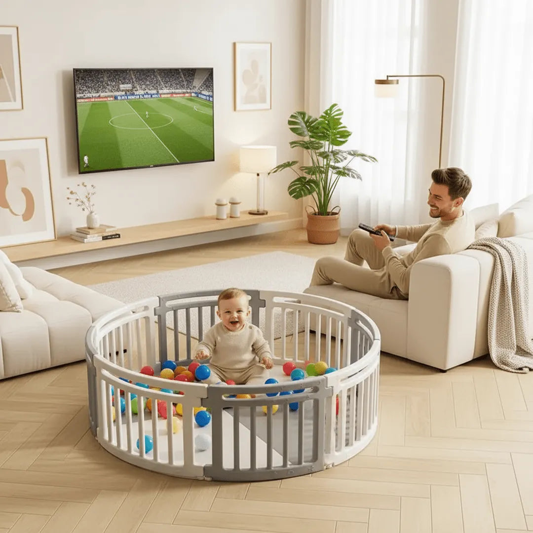 parc bébé modulable papa regarde la télé