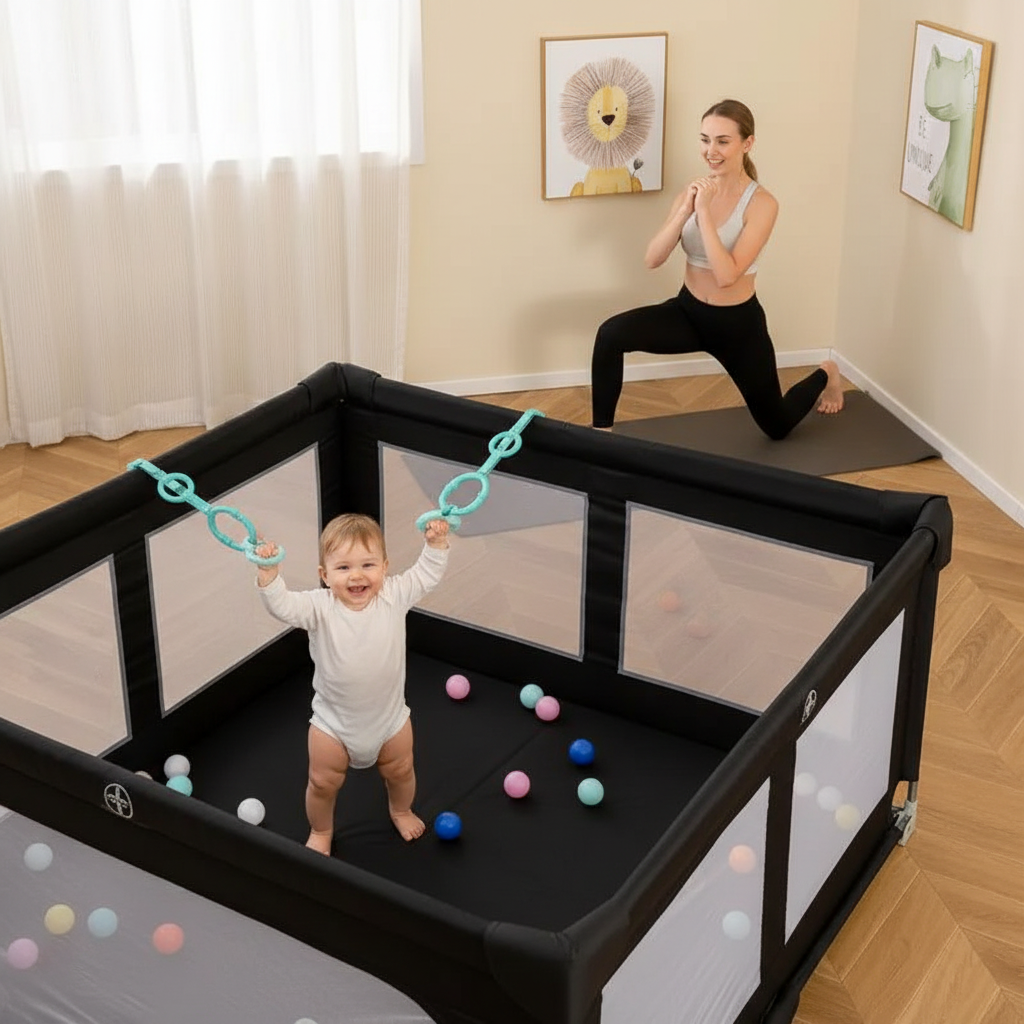 parc pliable pour bébé bébé utilise anneaux maman fait sport
