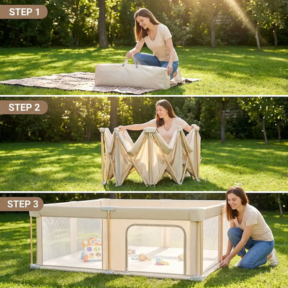 parc pliable pour bébé maman installe le parc dehors